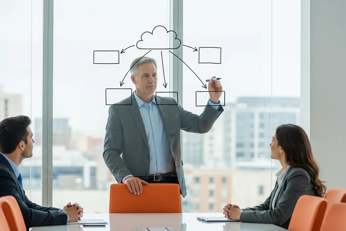 Senior IT consultant sketching a cloud architecture roadmap on a glass whiteboard for a Baltimore client team in a downtown conference room