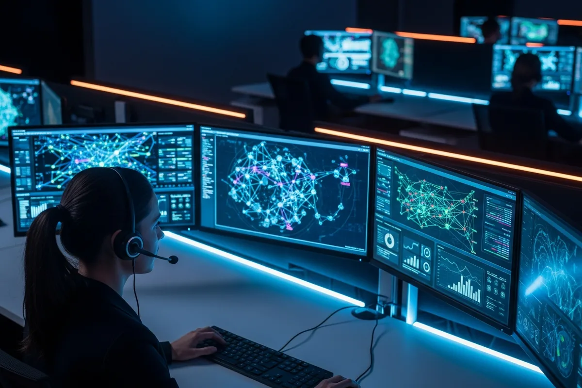 Cleared cybersecurity analyst monitoring threat dashboards across multiple screens in a Baltimore-area security operations center near Fort Meade