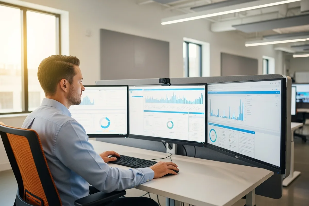 Healthcare IT engineer reviewing Epic EHR analytics on three large monitors in a Baltimore hospital technology operations center