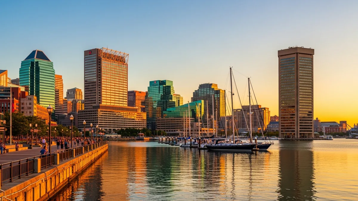 Baltimore Maryland Inner Harbor skyline at golden hour, an IT staffing market view