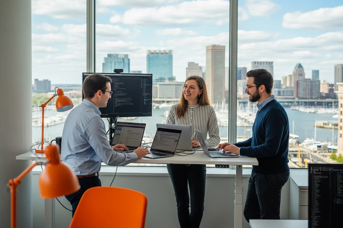 Three software engineers collaborating at a standing desk in a bright Baltimore tech office with the Inner Harbor visible through the window