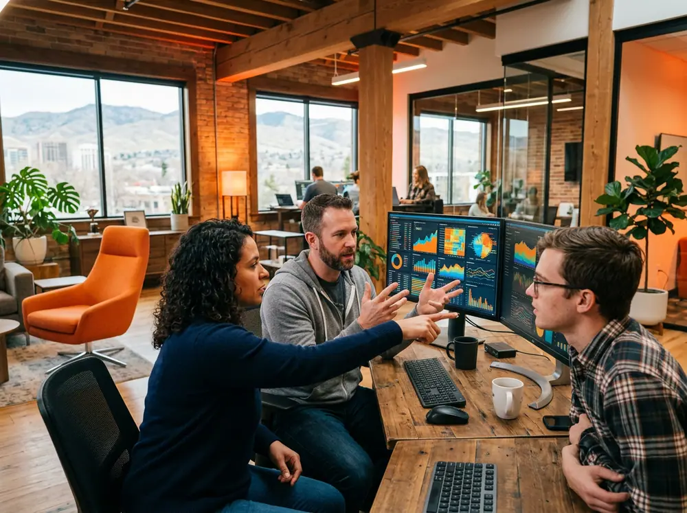 Three fintech platform engineers reviewing colorful financial dashboards on large monitors in a wood-beam downtown Boise Idaho office with the foothills visible through the windows
