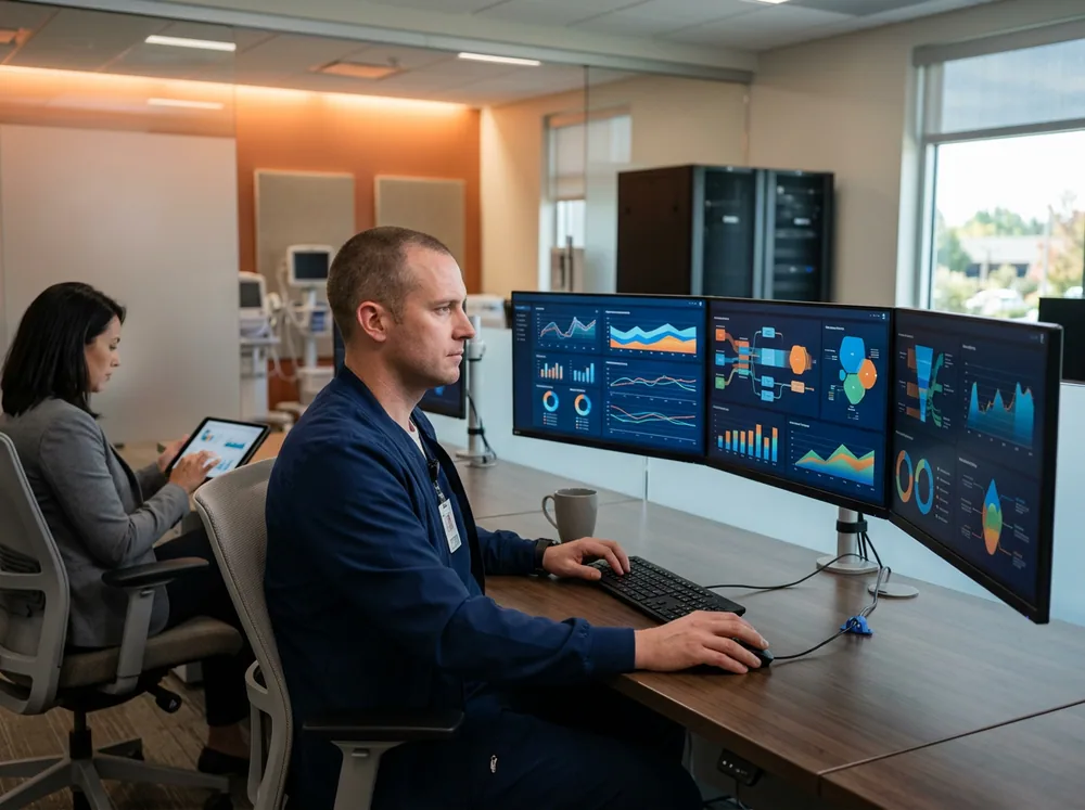 Healthcare IT engineer reviewing clinical analytics on three large monitors in a calm Boise Idaho hospital technology operations center with a server rack and a colleague on a tablet nearby