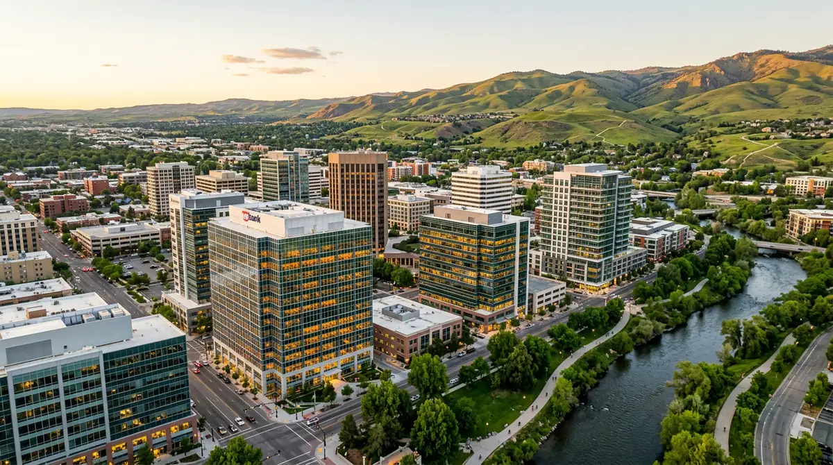 Downtown Boise Idaho skyline at golden hour with the green Boise Foothills behind and the Boise River in front, an IT staffing market view