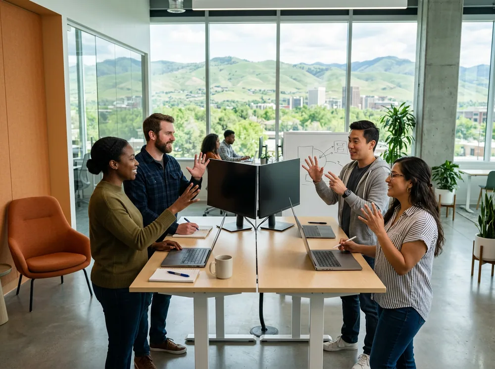 Four diverse software and cloud engineers collaborating at a standing desk in a bright modern Boise Idaho tech office with the green foothills visible through the windows