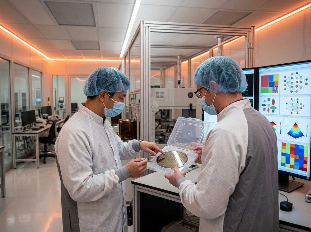 Two semiconductor engineers in cleanroom smocks and hairnets inspecting a silicon wafer beside monitors showing yield analysis charts in a Boise Idaho memory fabrication lab