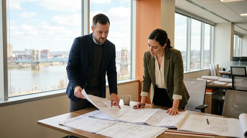 Technology professionals reviewing printed project plans in a modern Cincinnati corporate office with a river view