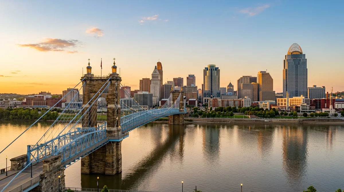 Downtown Cincinnati skyline across the Ohio River with the Roebling Suspension Bridge at golden hour, the setting for KORE1 IT staffing across the tri-state