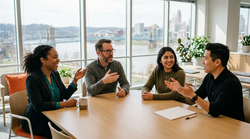IT professionals collaborating in a bright modern Cincinnati office with the Ohio River and the Roebling Bridge visible through the windows