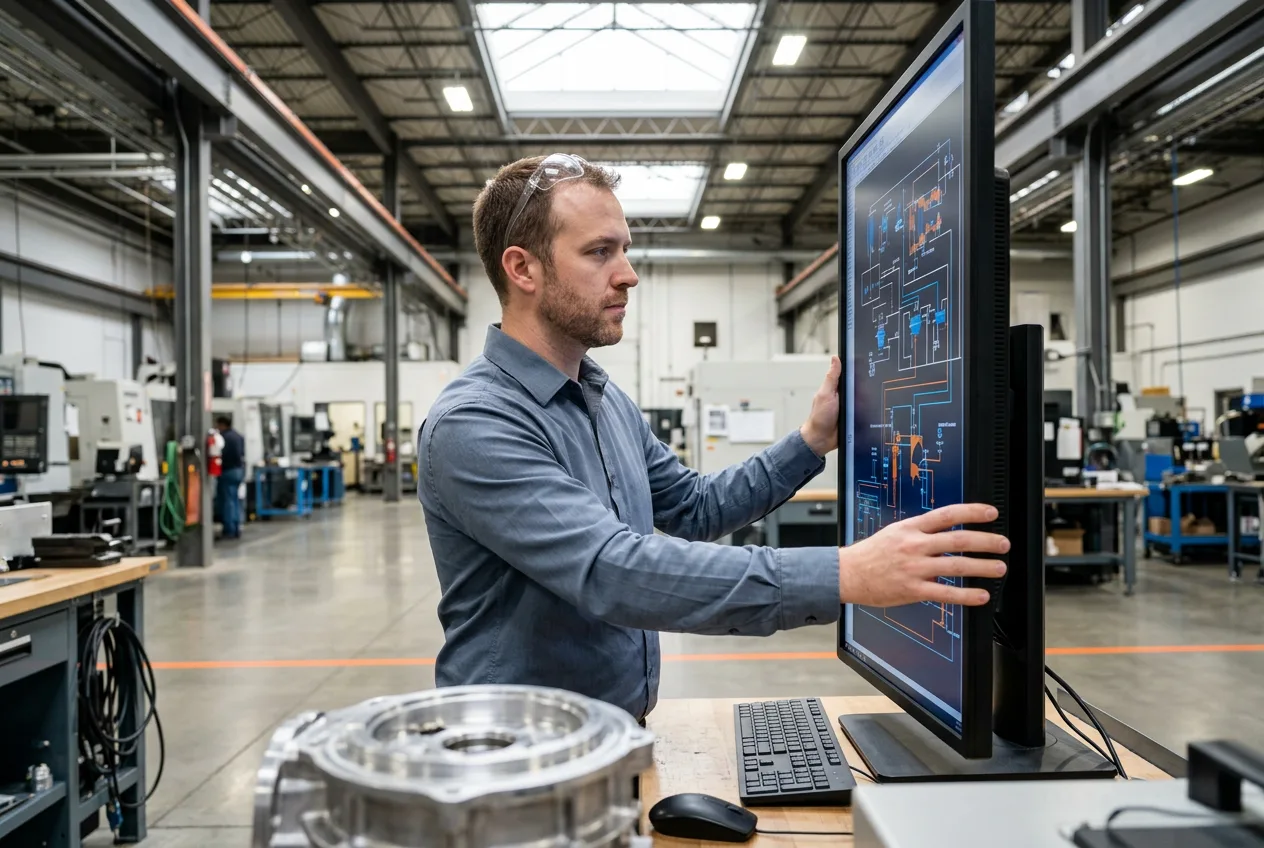 Senior aerospace IT engineer reviewing controls system schematics on a vertical industrial monitor inside a Cleveland precision engineering facility