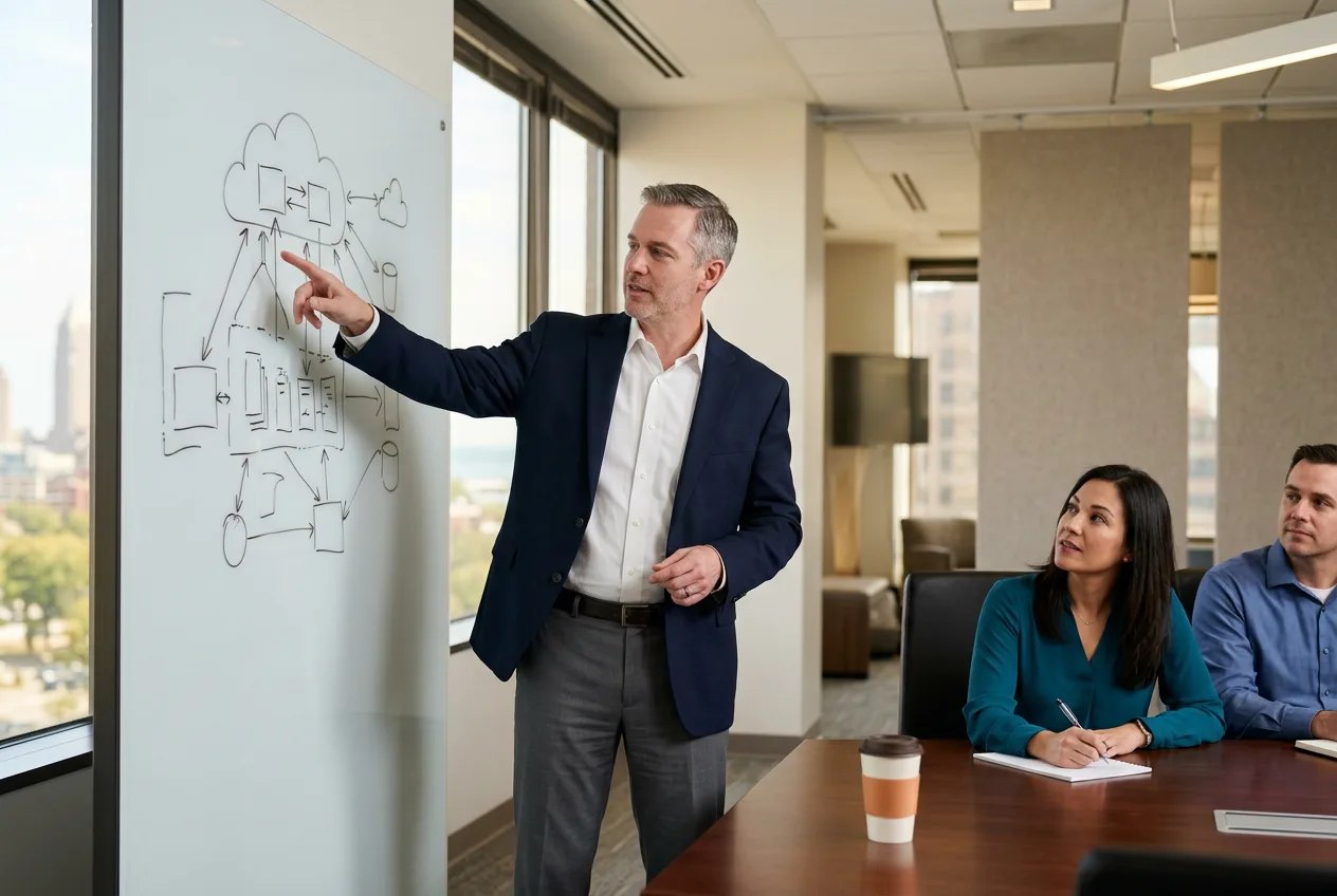 Senior IT consultant sketching a cloud architecture roadmap at a whiteboard for a Cleveland client team in a downtown conference room