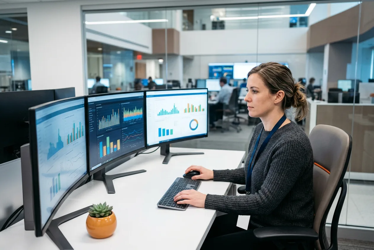 Healthcare IT engineer reviewing Epic EHR analytics on multiple monitors in a Cleveland hospital technology operations center
