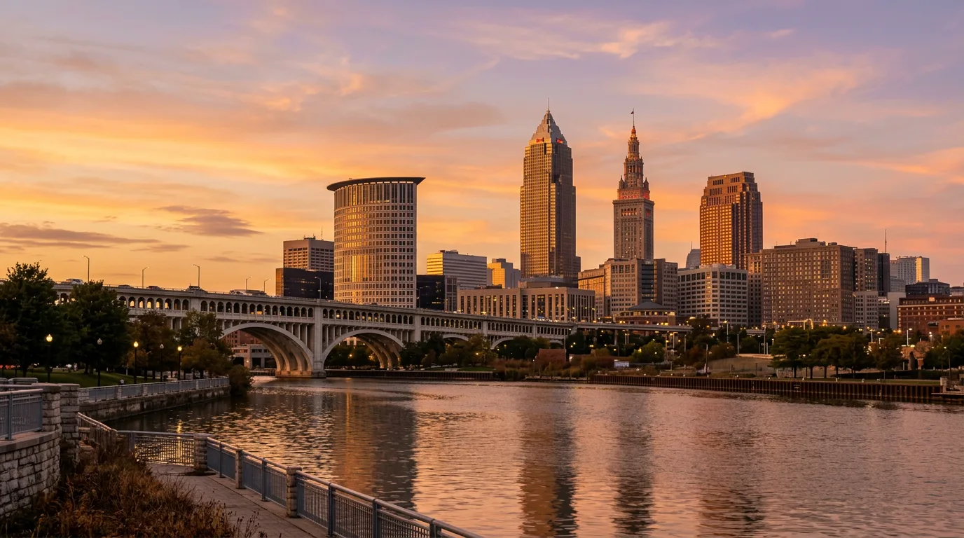Cleveland Ohio downtown skyline at golden hour with Terminal Tower and Key Tower along the Cuyahoga River, an IT staffing market view