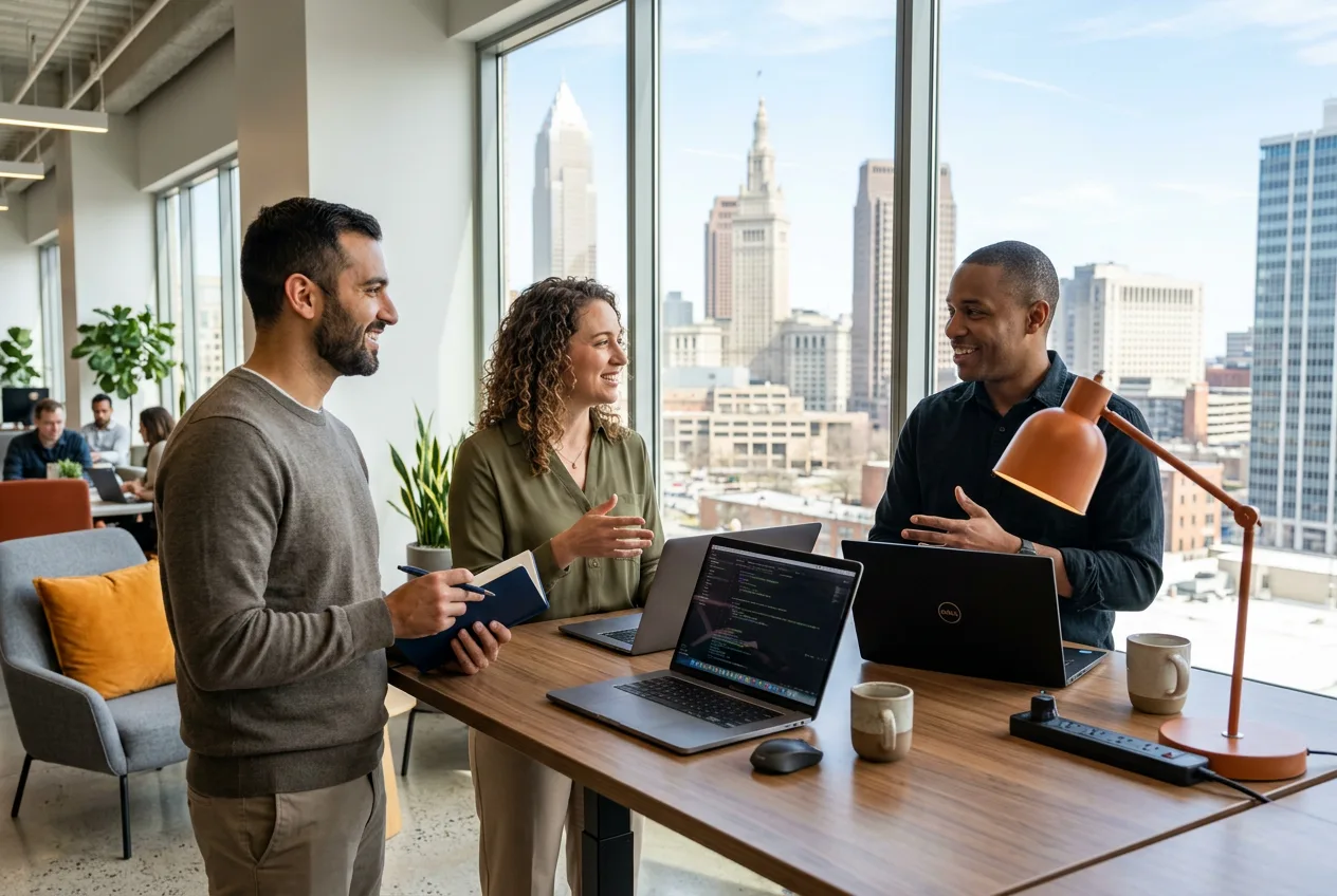 Three software engineers collaborating around a standing desk in a bright Cleveland downtown tech office with Terminal Tower visible through the window