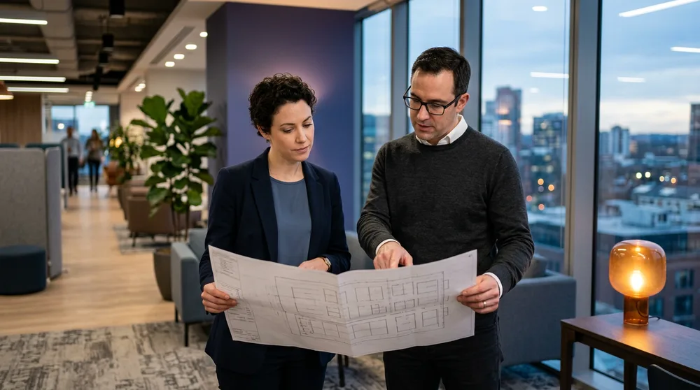 Technology professionals reviewing printed project documents in a modern Columbus corporate office