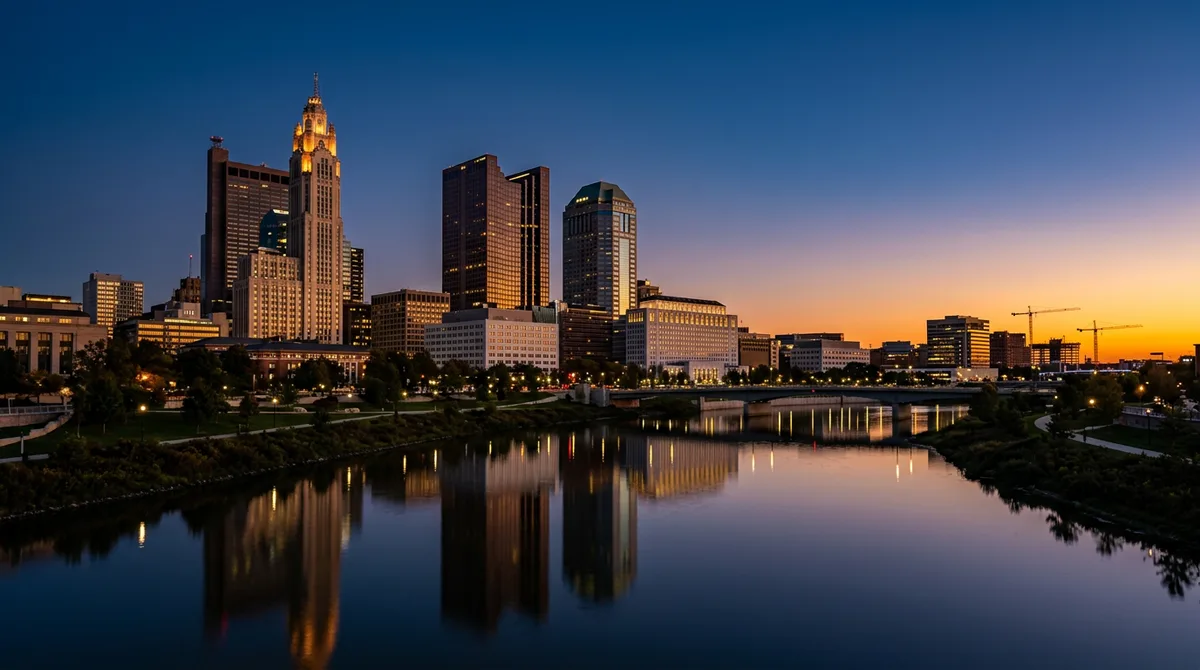 Downtown Columbus, Ohio skyline at dusk over the Scioto River, the setting for KORE1 IT staffing across Central Ohio