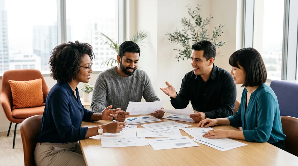 IT professionals collaborating over printed plans in a bright modern Columbus office
