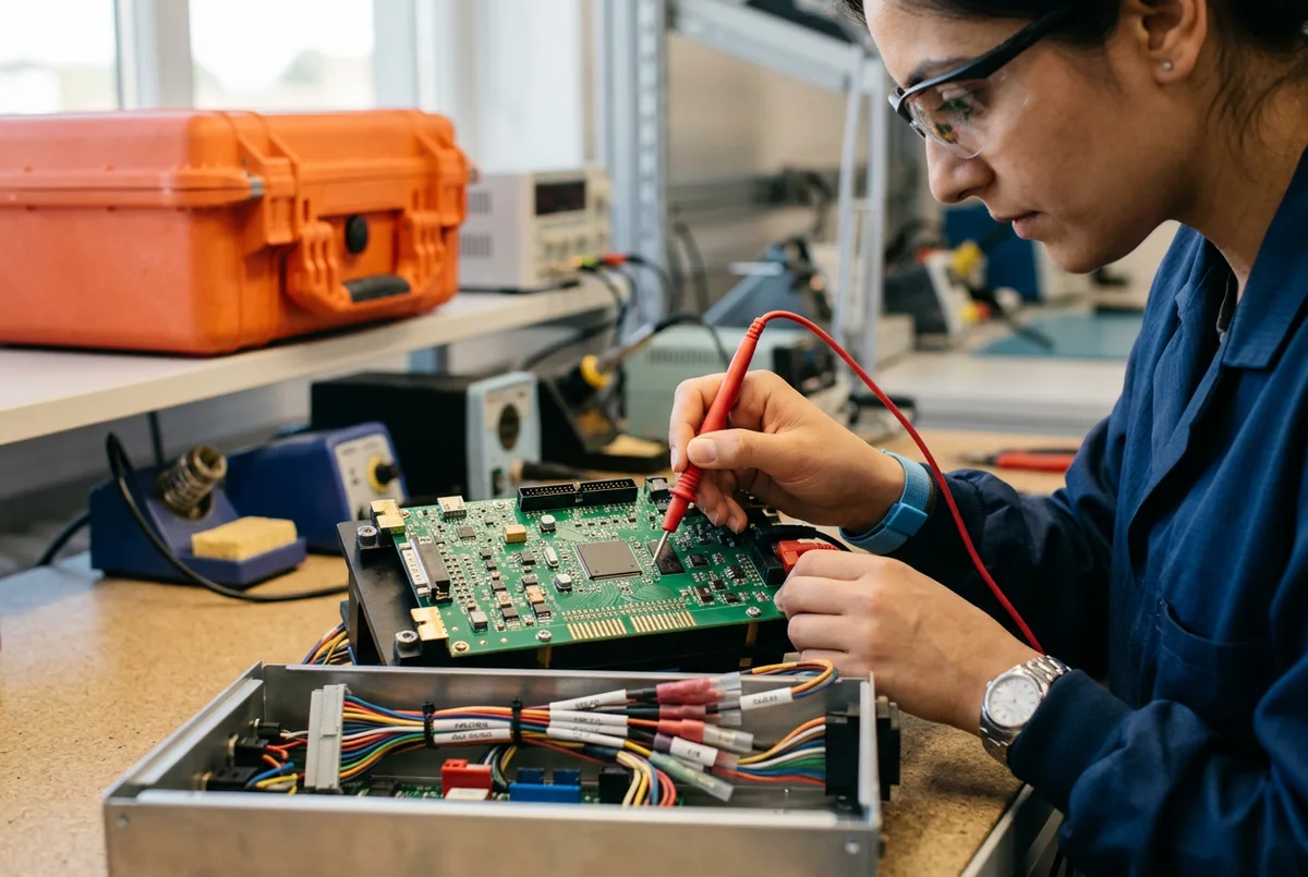 Embedded controls engineer probing a circuit board with a multimeter at a test bench in a Detroit automotive lab