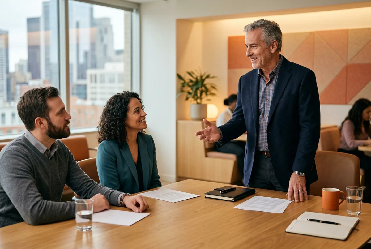 Senior IT consultant meeting with a Detroit client team around a conference table with printed documents in a downtown office