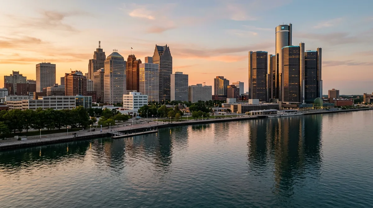 Detroit downtown skyline at golden hour along the riverfront, an IT and automotive software staffing market view
