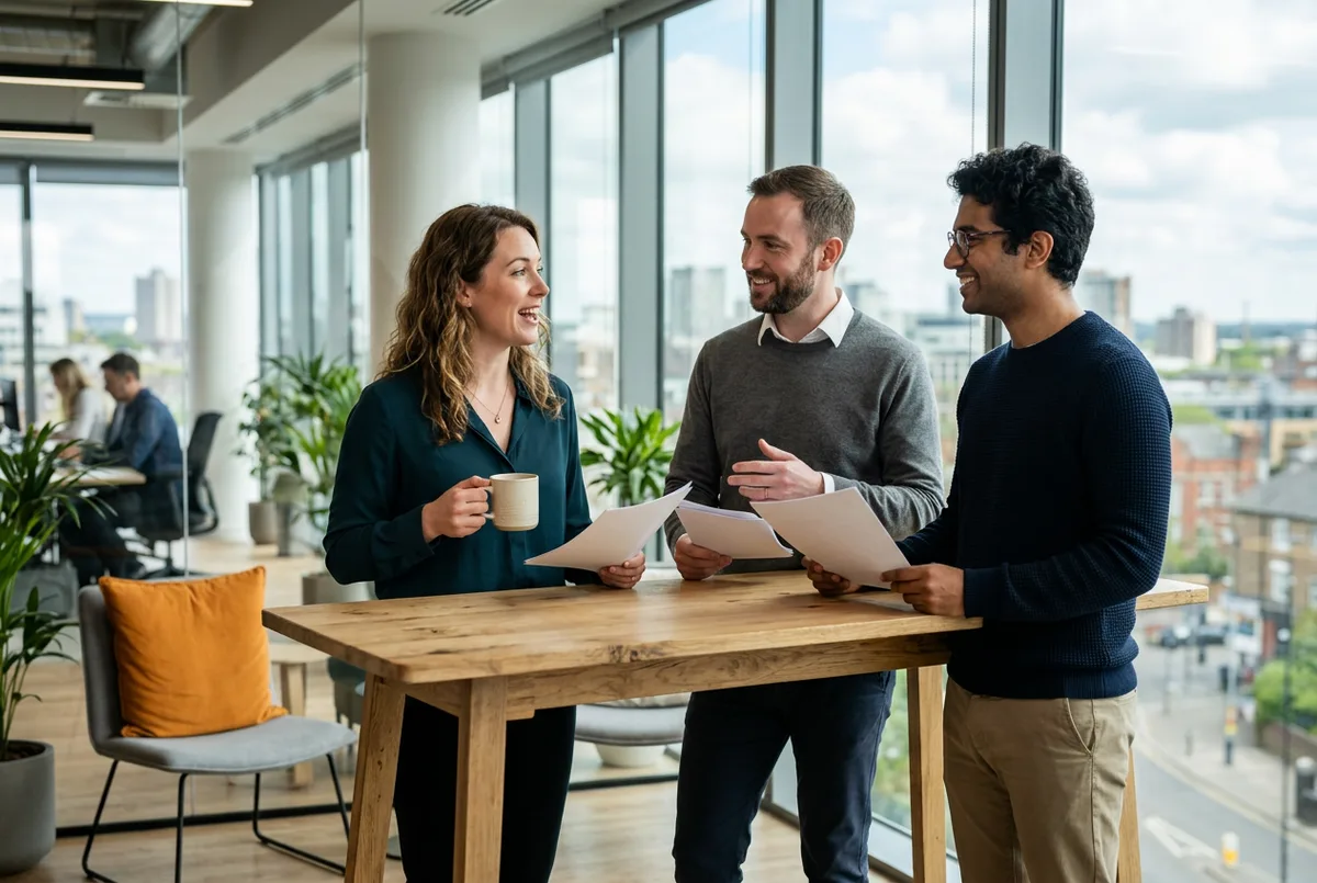 Three software engineers collaborating around a standing desk in a bright Detroit tech office with city daylight through floor-to-ceiling windows