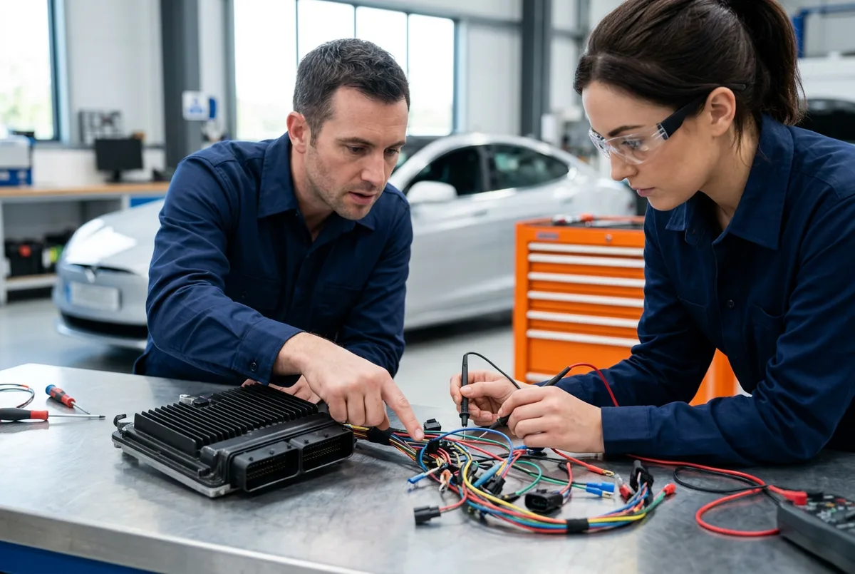 Two automotive software engineers examining a vehicle electronic control unit and wiring harness on a workbench in a bright Detroit mobility engineering studio