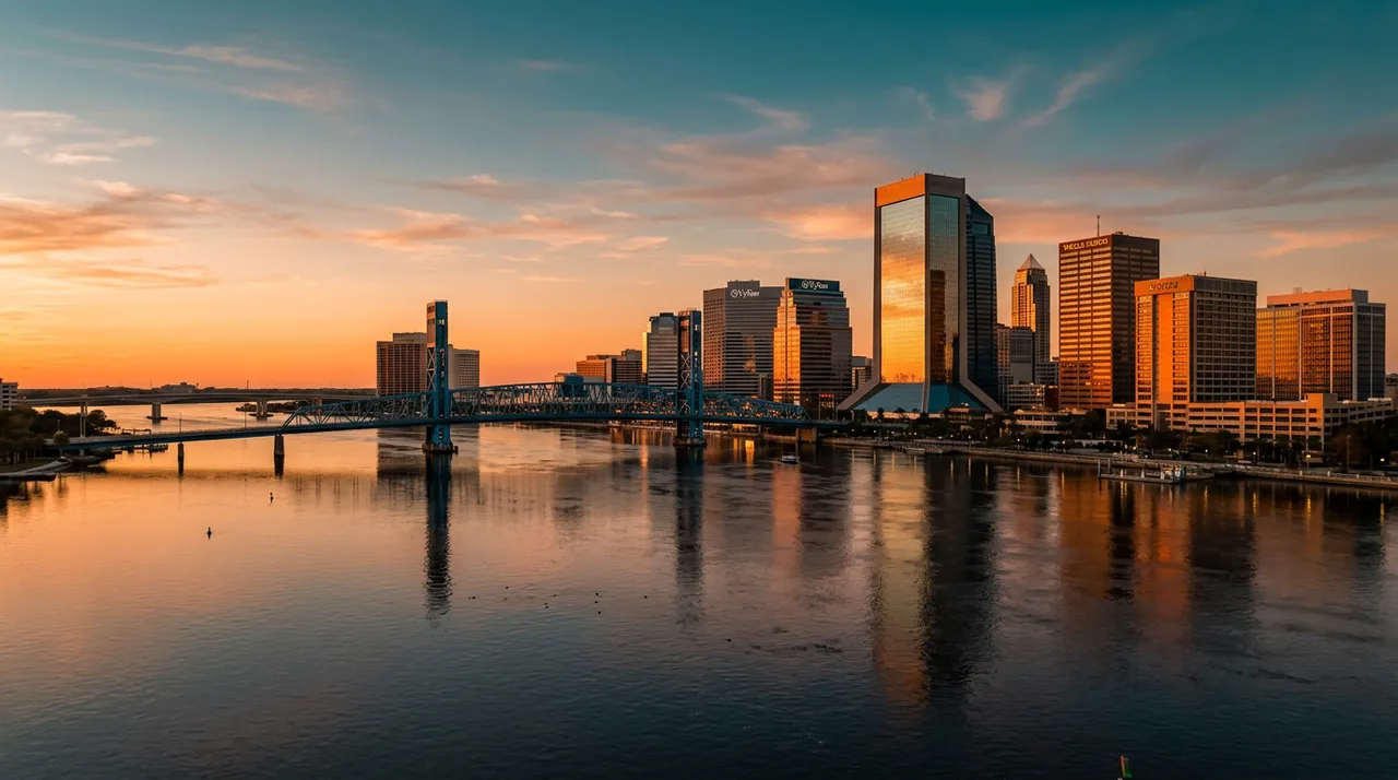 The St. Johns River and downtown Jacksonville skyline at dusk, a backdrop for KORE1 IT staffing on the First Coast