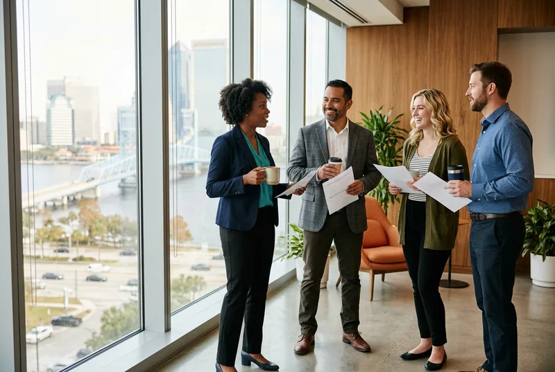 IT professionals collaborating at a modern Jacksonville office with coastal daylight through the windows