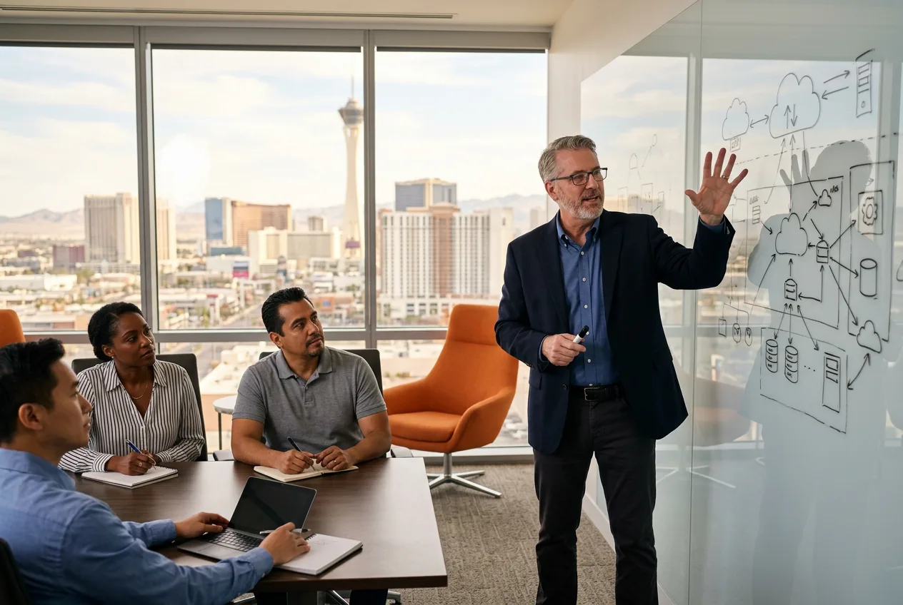 Senior IT consultant sketching a cloud architecture roadmap on a glass whiteboard for a Las Vegas client team in a downtown conference room