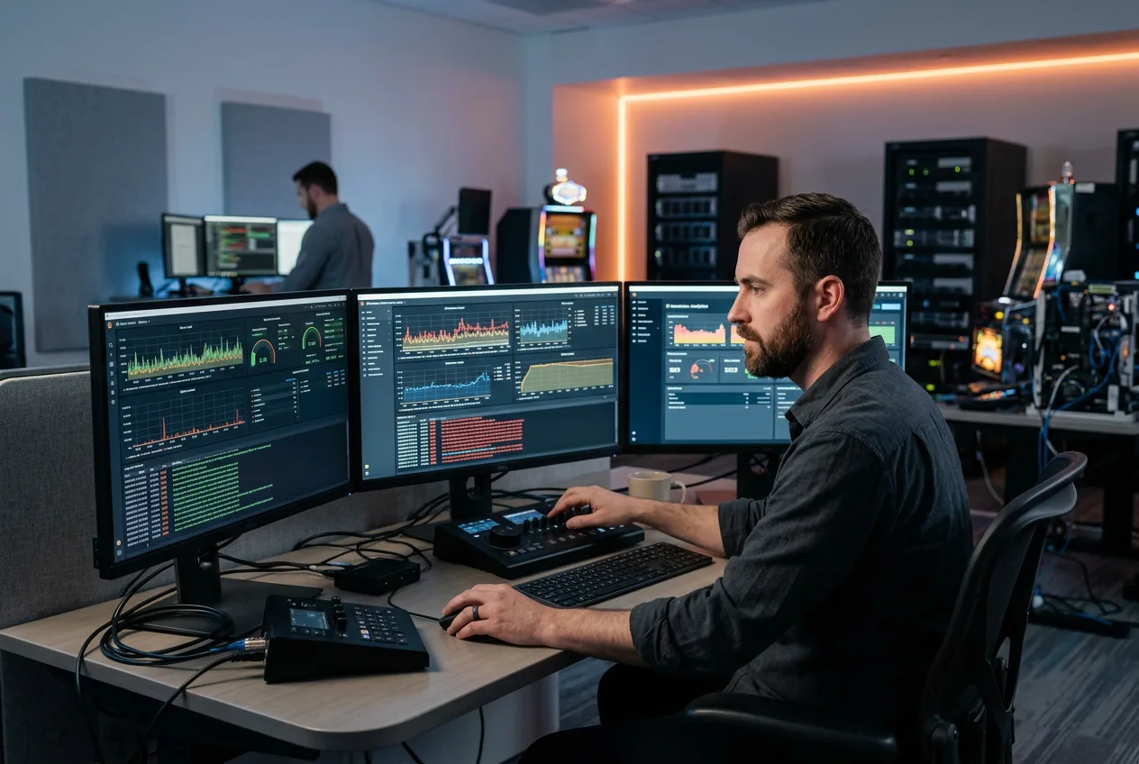 Gaming systems engineer reviewing slot game platform telemetry on multiple monitors in a Las Vegas gaming technology lab