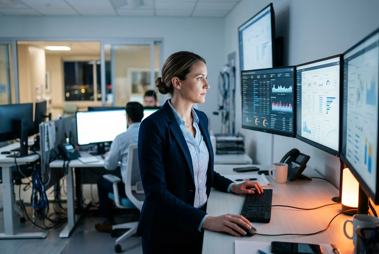 Healthcare IT engineer reviewing Epic EHR analytics on three large monitors in a Las Vegas hospital technology operations center