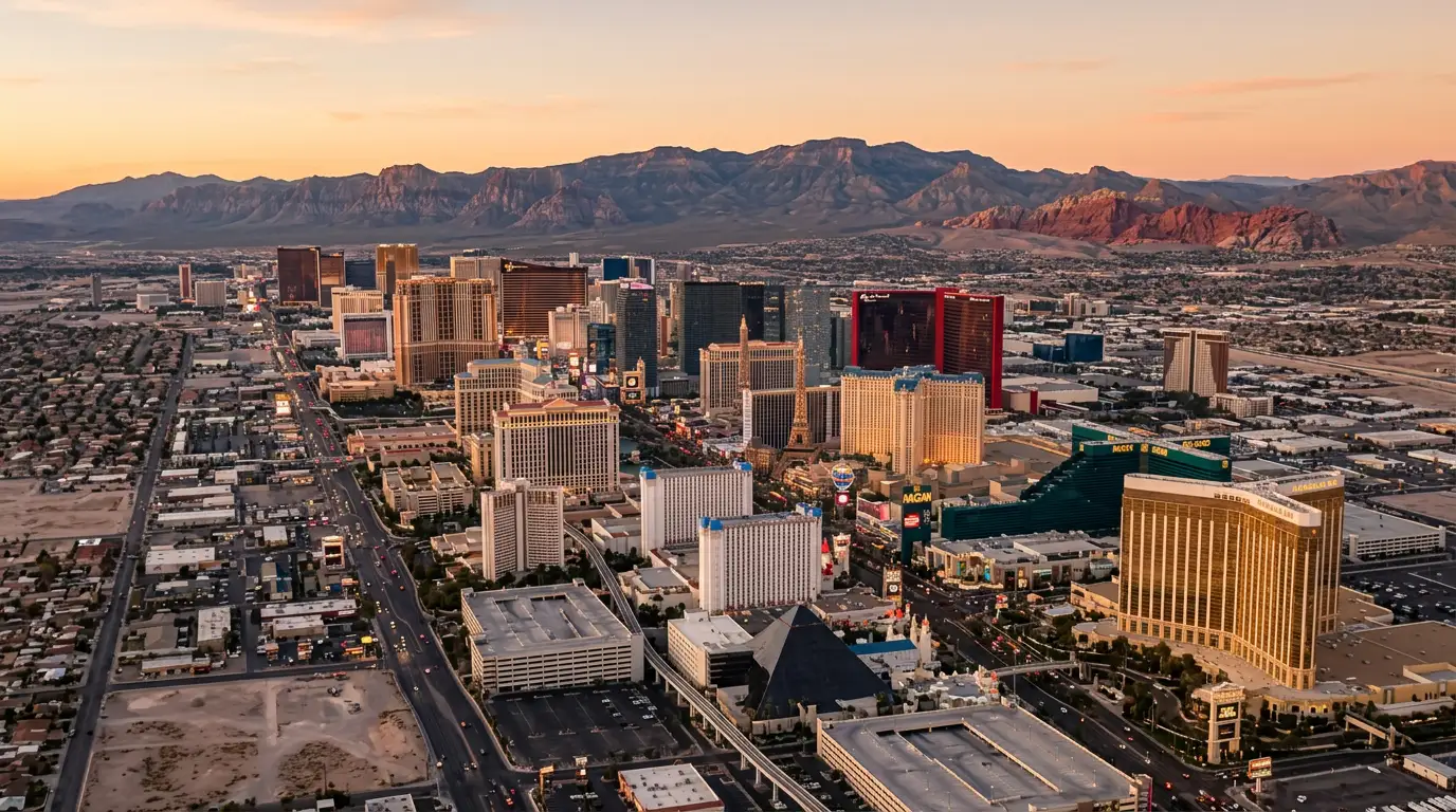 Las Vegas Nevada skyline at golden hour with the Strip resorts and Spring Mountains behind, an IT staffing market view