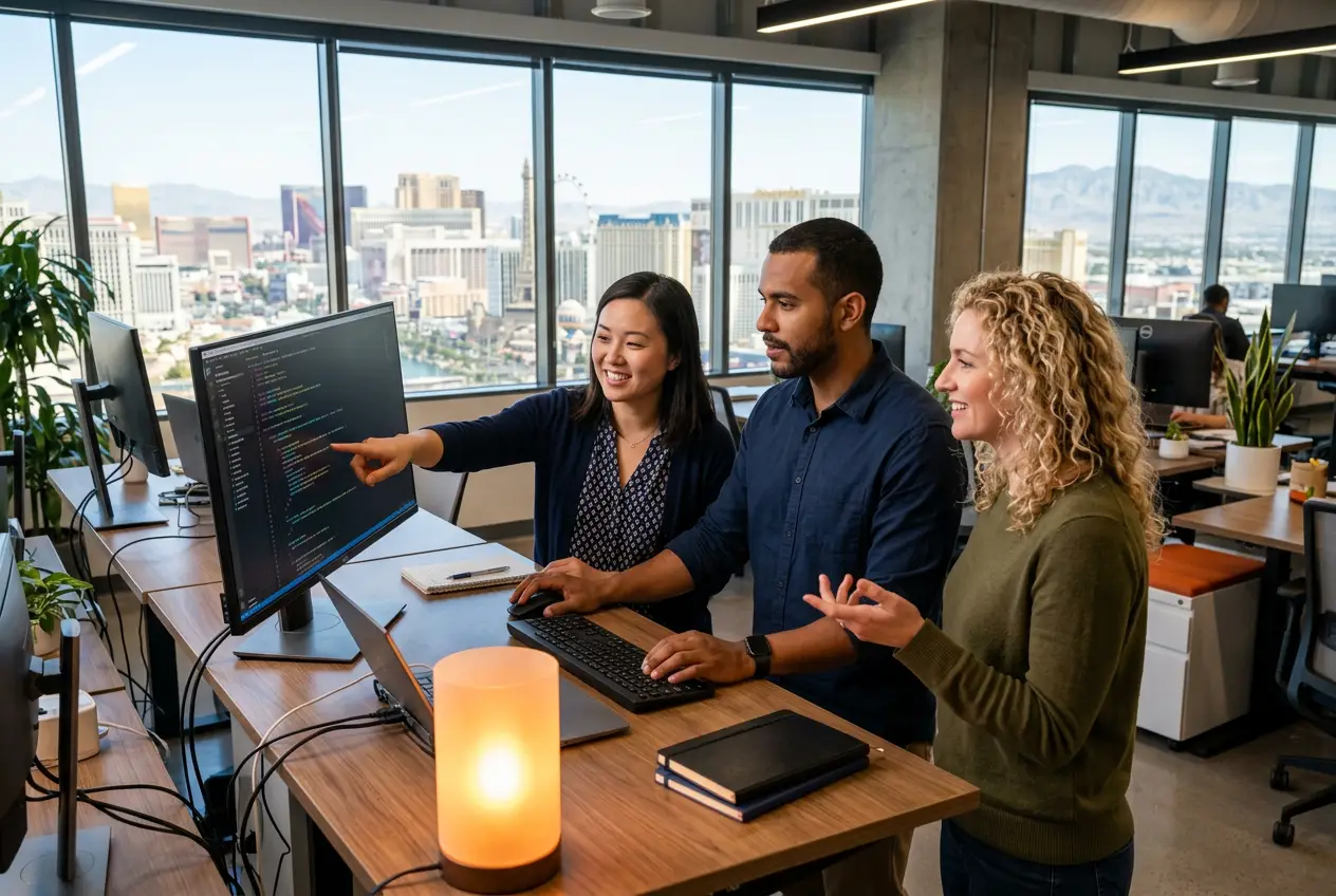 Three software engineers collaborating at a standing desk in a bright Las Vegas tech office with the Strip skyline visible through the window