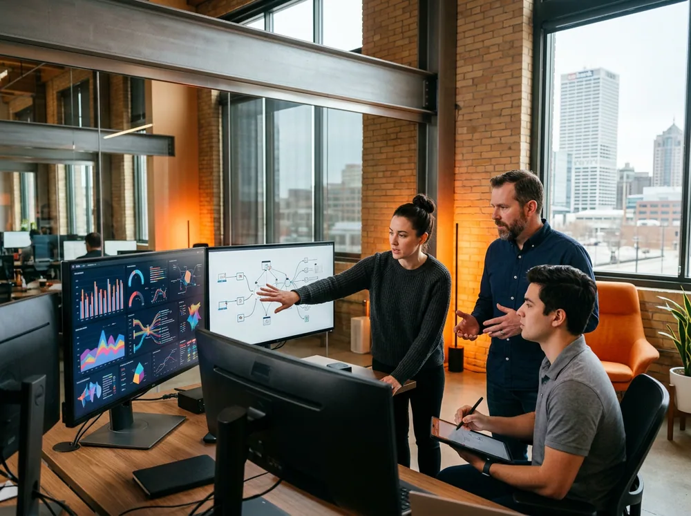 Technology professionals reviewing automation and software plans in a modern Milwaukee corporate office with industrial brick accents