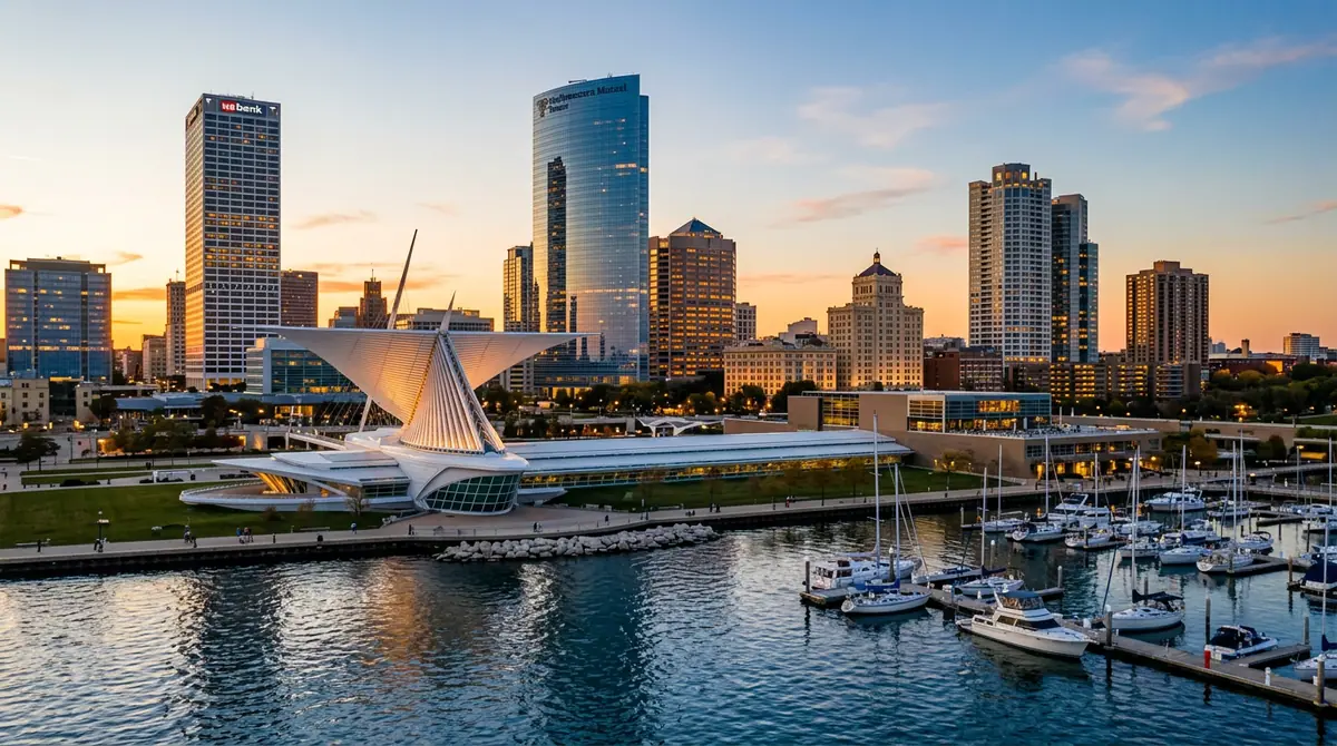 Downtown Milwaukee, Wisconsin skyline along Lake Michigan at golden hour, the setting for KORE1 IT staffing across the Milwaukee metro