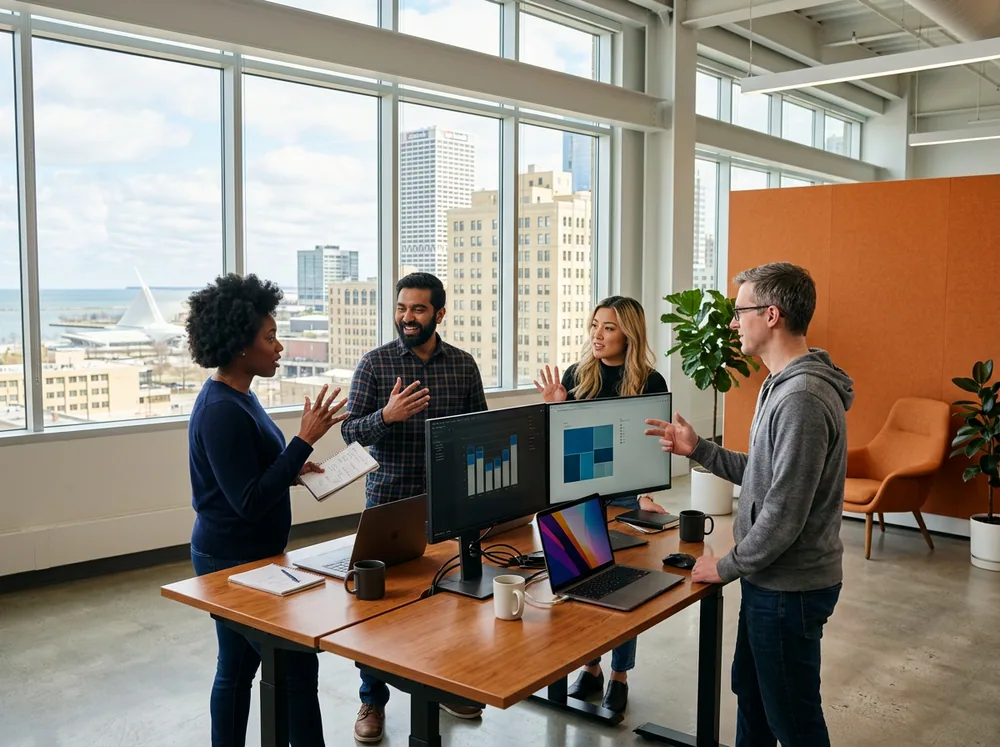 IT professionals collaborating in a bright modern Milwaukee office with Lake Michigan and Cream City brick visible through the windows