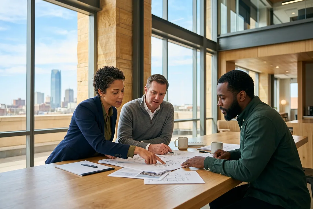 Technology professionals reviewing project plans in a modern Oklahoma City corporate office with sandstone accents and a big-sky view