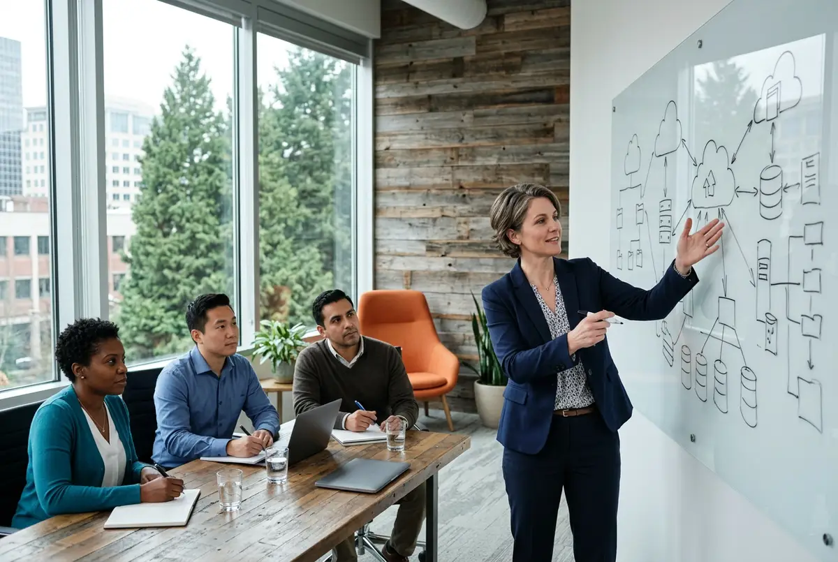 Senior IT consultant sketching a cloud architecture roadmap on a glass whiteboard for a Portland client team in a downtown conference room