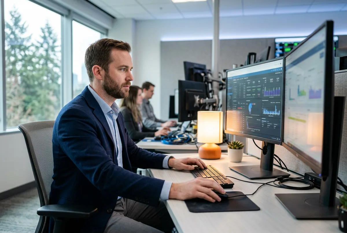 Healthcare IT engineer reviewing Epic clinical dashboards on three large monitors in a Portland hospital technology operations center