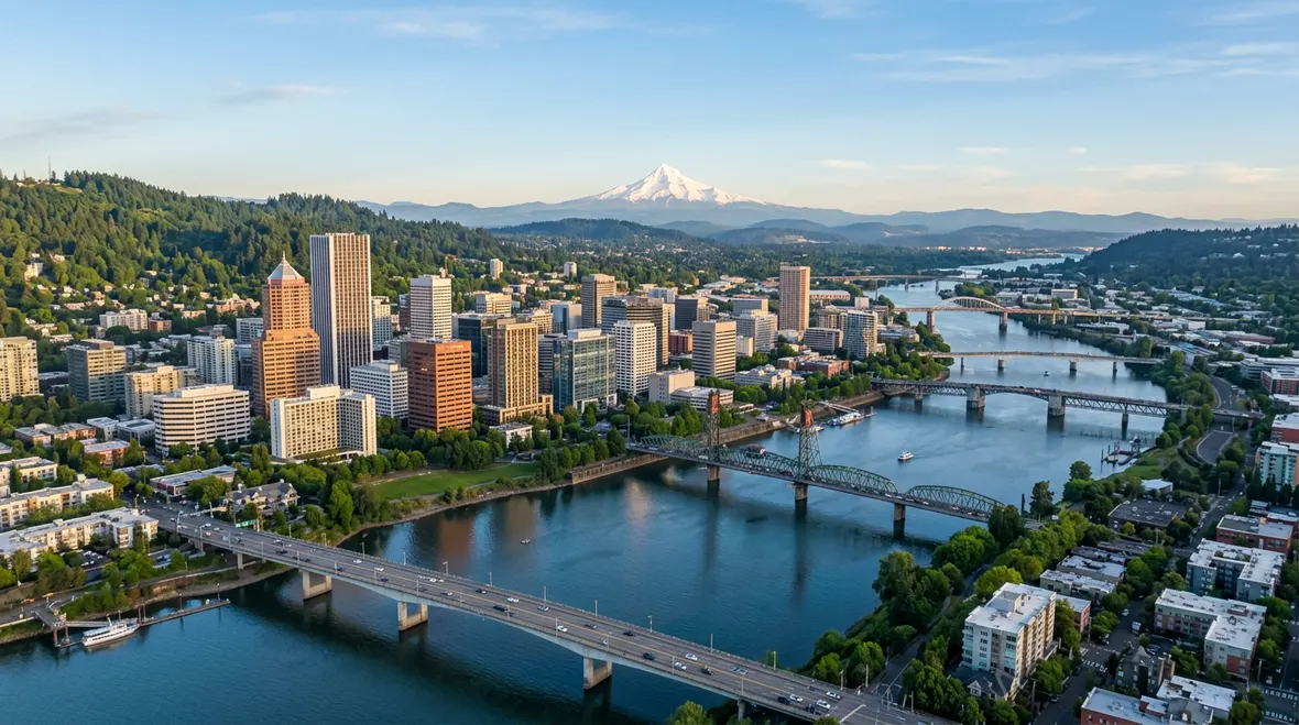 Portland Oregon skyline on a clear morning with the Willamette River bridges and snow-capped Mount Hood behind the city, an IT staffing market view