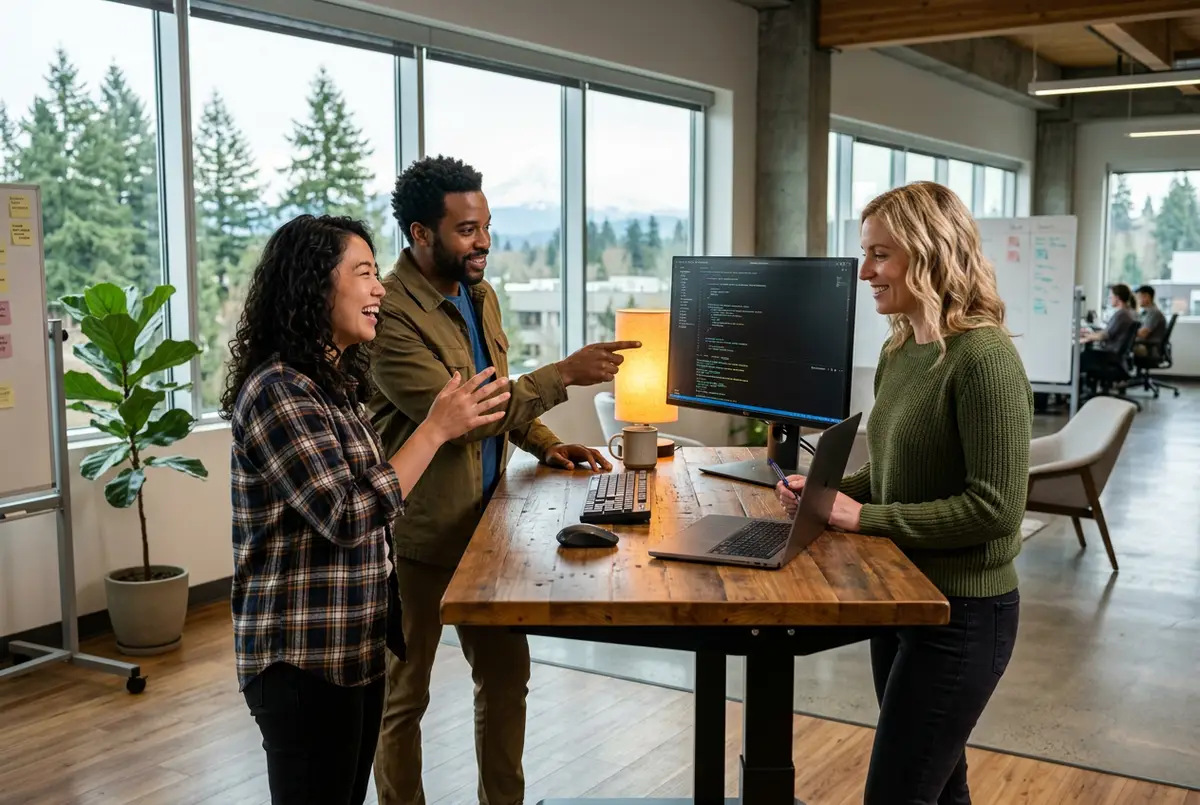 Three software engineers collaborating at a standing desk in a bright Portland tech office with evergreen trees and Mount Hood visible through the window