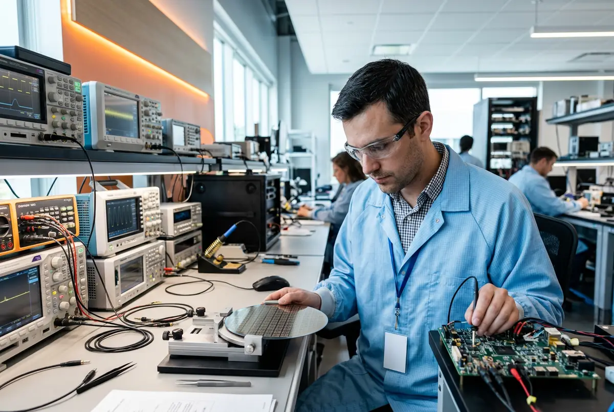Semiconductor hardware engineer examining a silicon wafer and probing a circuit board at a test bench in a bright Silicon Forest lab near Hillsboro Oregon