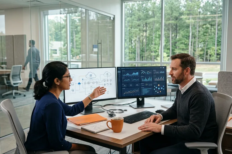 Technology professionals reviewing project plans in a modern Research Triangle Park office with glass walls and pine trees outside