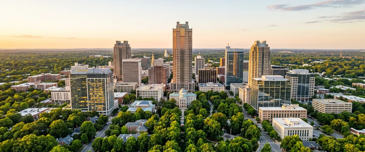 Downtown Raleigh, North Carolina skyline at golden hour above the oak canopy, the setting for KORE1 IT staffing across the Research Triangle