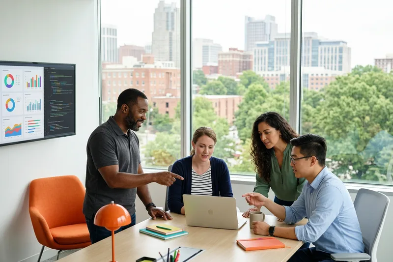 IT professionals collaborating in a bright modern Raleigh office with the downtown skyline and oak trees visible through the windows