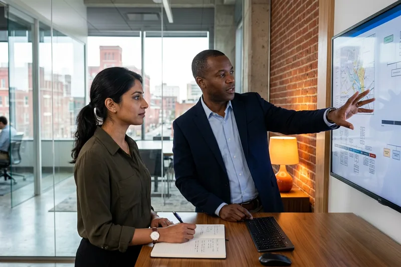 Technology professionals reviewing project plans in a modern Richmond corporate office with historic brick accents and a river view