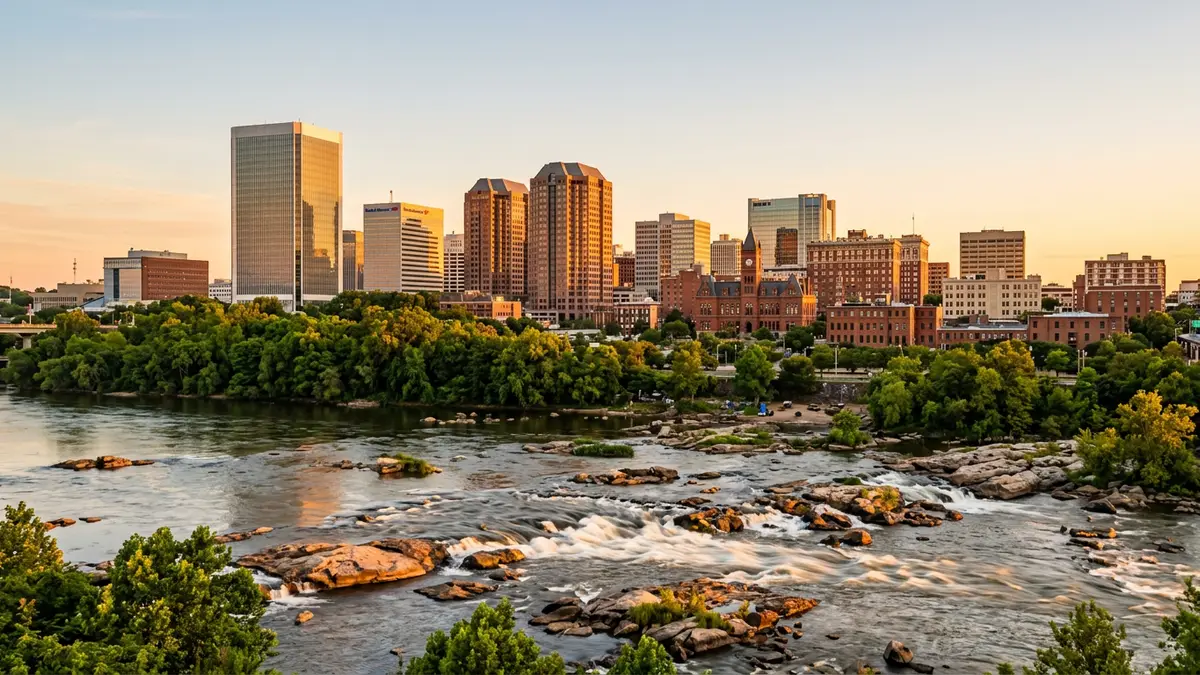 Downtown Richmond, Virginia skyline along the James River at golden hour, the setting for KORE1 IT staffing across the Richmond metro