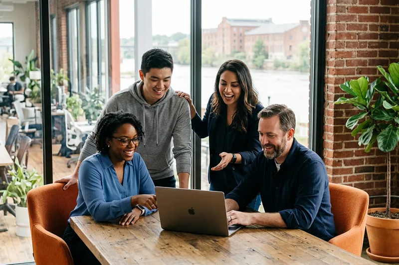 IT professionals collaborating in a bright modern Richmond office with the James River and historic brick visible through the windows