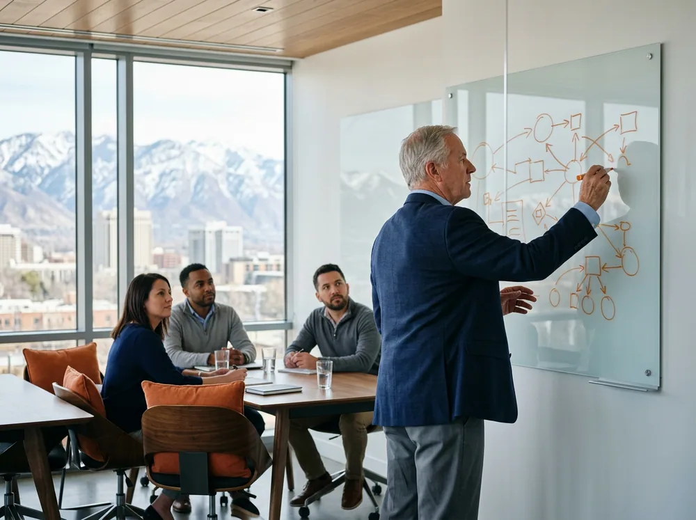 Senior IT consultant sketching a cloud architecture roadmap on a glass whiteboard for a Salt Lake City client team in a downtown conference room