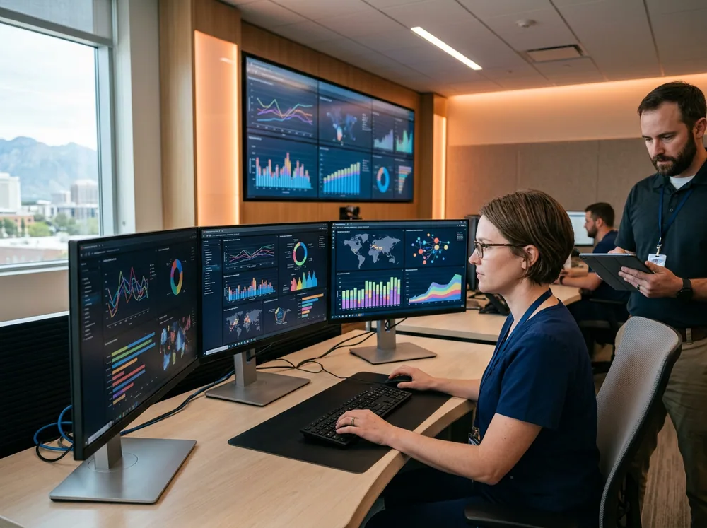 Healthcare IT engineer reviewing Epic EHR analytics on three large monitors in a Salt Lake City hospital technology operations center